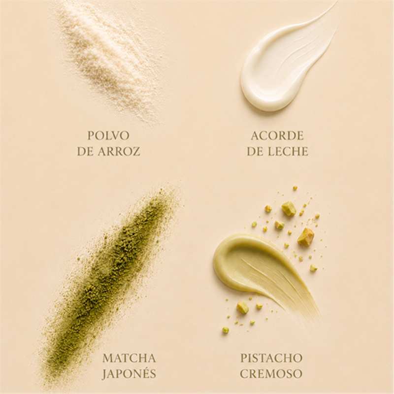 Polvo de arroz, acorde de leche, matcha japonés y pistacho cremoso sobre un fondo beige. Ingredientes característicos de los perfumes soft gourmand.