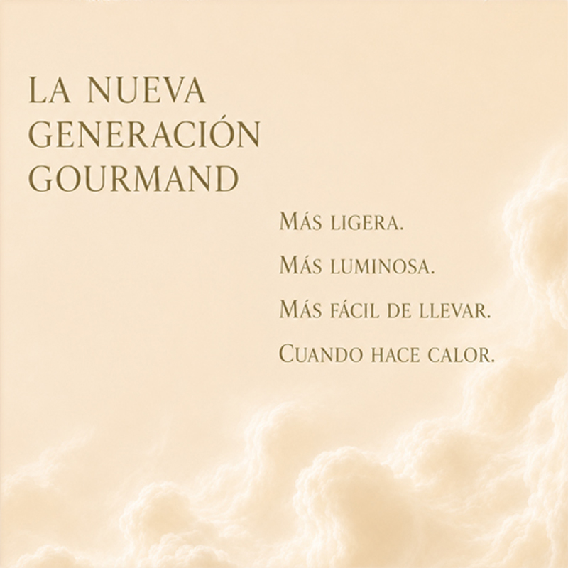 Cielo luminoso con nubes en tonos crema y el mensaje: «La nueva generación gourmand: más ligera, más luminosa y más fácil de llevar cuando hace calor».